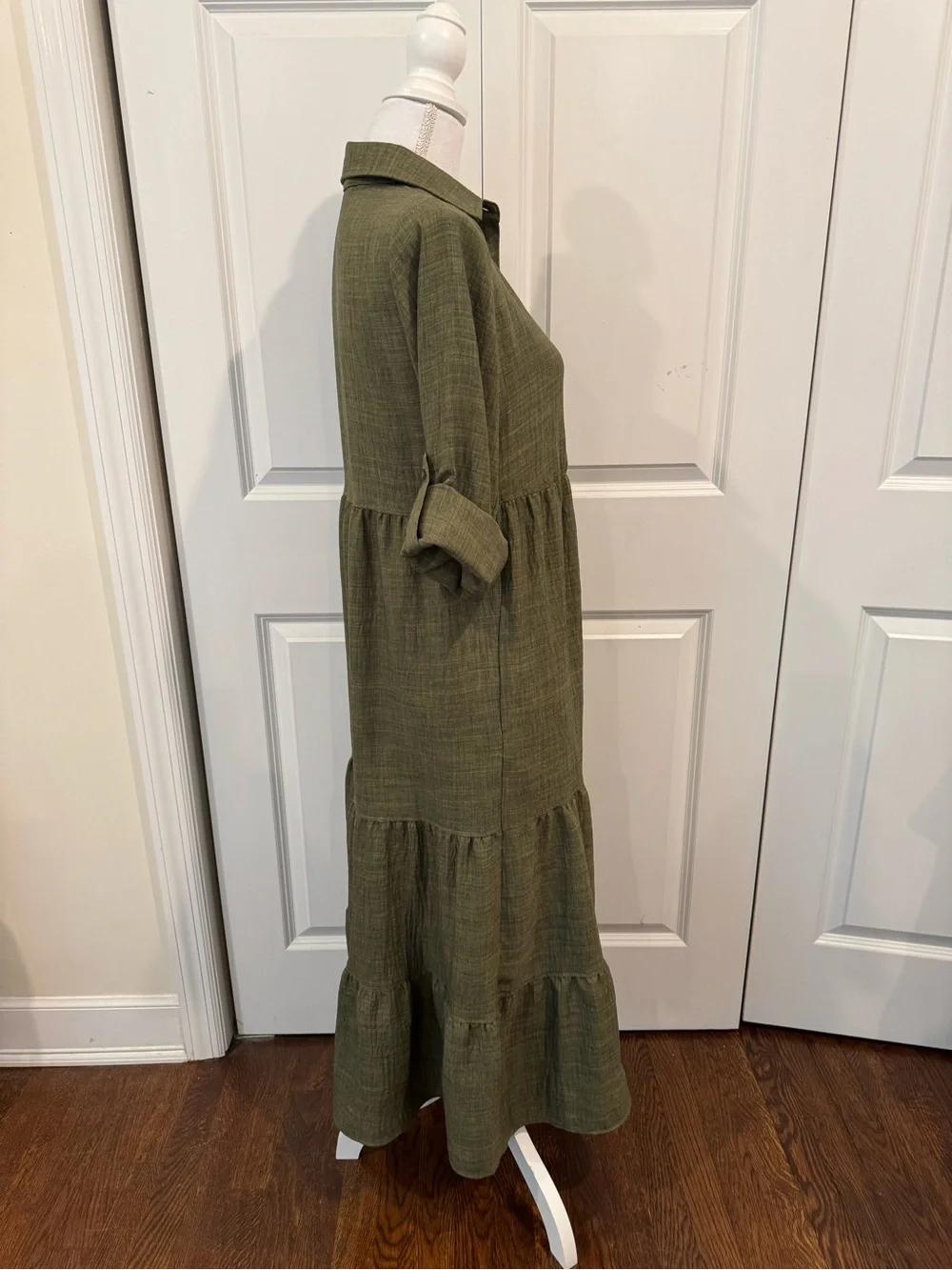 Max Studio London Olive Green Tiered Maxi Dress XS Boho